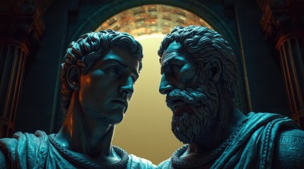Stone statues of a young man and an older bearded man face each other against a decorative backdrop.