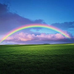 Obraz premium Vibrant rainbow arches over lush green landscape under a blue sky filled with clouds at sunset