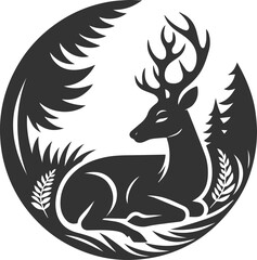 A resting deer curled up on the forest floor animal silhouette vector