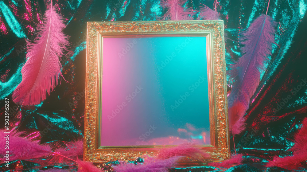 Poster Vibrant gold frame with colorful feathers on shiny fabric background for design mockup