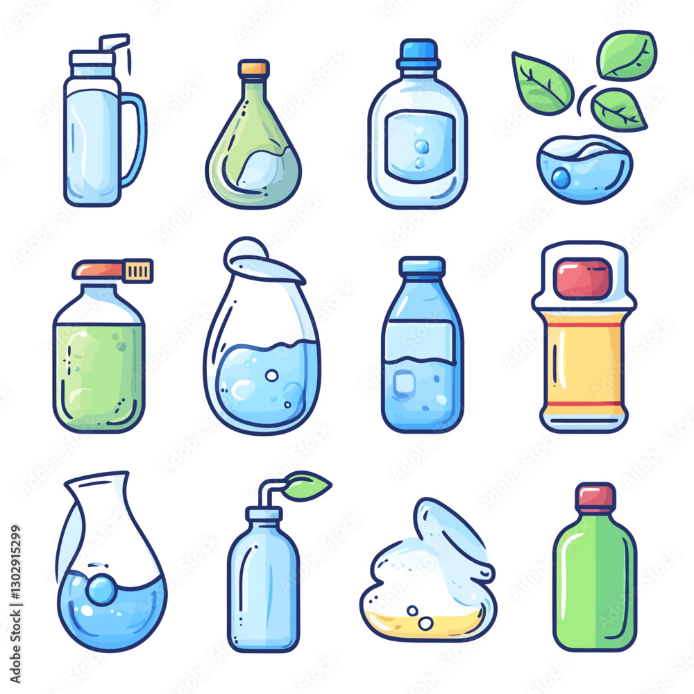 Poster assorted liquid container set, different styled bottles and jars vector