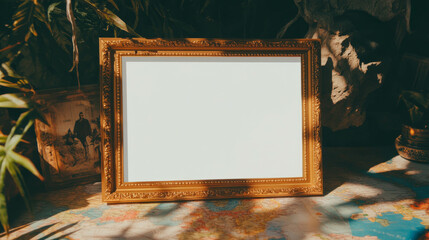 Vintage gold frame with historical maps background for art or photography display