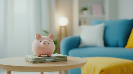 Cozy Home Saving: Piggy Bank & Bills on Shelf