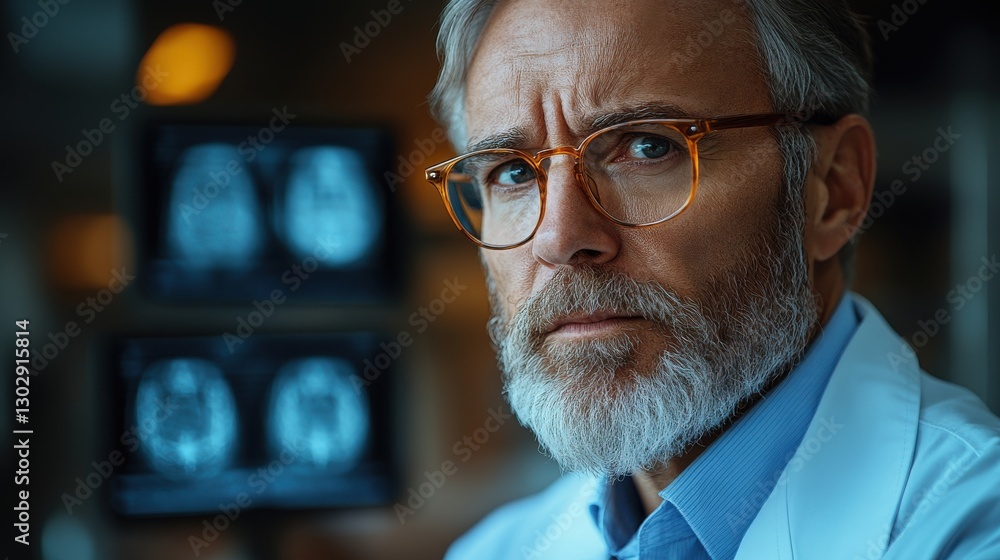 Poster doctor analyzing x ray images on multiple computer screens