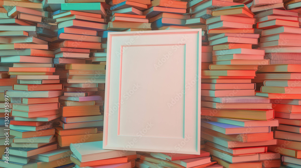 Aufkleber artistic white frame on vibrant book stack for creative display or design inspiration