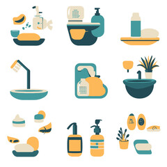 Illustrated Bathroom Fixtures and Toiletries in Teal and Yellow Theme