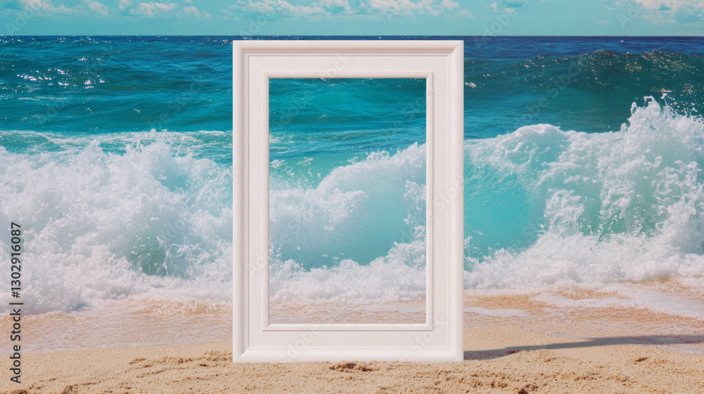 Poster Coastal art display: white frame on sandy beach with ocean waves in background