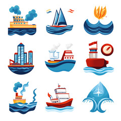 Vector Icons Set of Boats, Cargo Ships, Sailboat, and Industry Elements