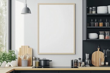 Mockup de moldura vertical em cozinha moderna com utensílios, plantas e decoração minimalista, criado com IA generativa para visualização de arte e design