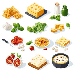 Italian cuisine isometric ingredients: cheese, pasta, tomatoes and basil