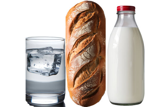 Glass of Water with Ice, Golden-Brown Loaf of Bread, and Milk Bottle with Red Cap Isolated on Transparent Background PNG 