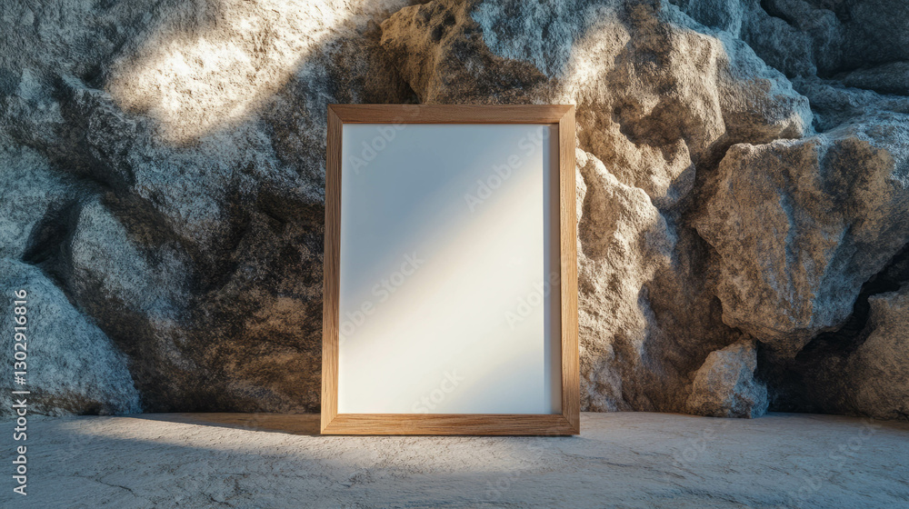 Poster rustic wooden frame mockup displayed against natural rock background for design