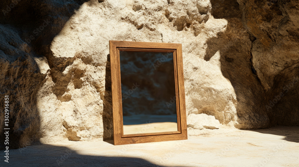 Poster rustic wooden frame with weathered texture against stone background for art display or decoration