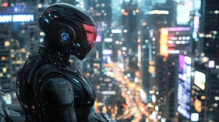 Naklejka premium Cyberpunk Cityscape: A Solitary Sentinel