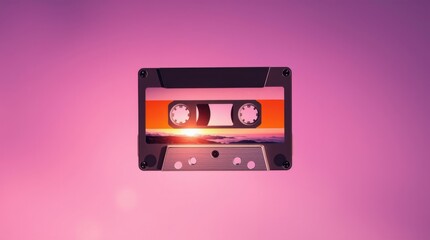 Fototapeta premium Retro sunset cassette tape. Nostalgic analog media with a scenic mountain landscape at sunset background.