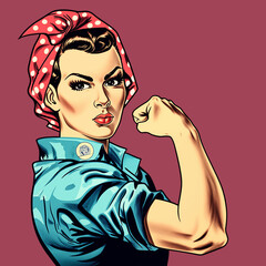 Iconic Rosie the Riveter illustration features a strong woman flexing her arm, symbolizing empowerment and feminism.