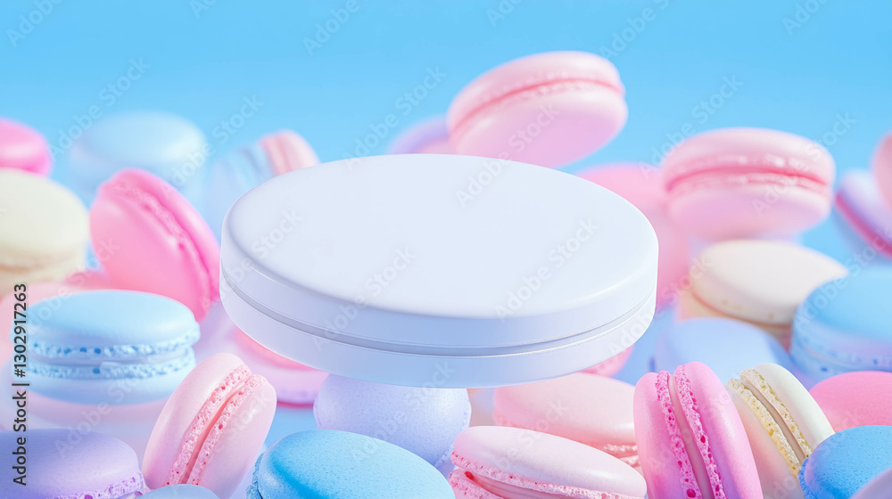 Aufkleber minimalistic white circular podium surrounded by pastel macarons for elegant display
