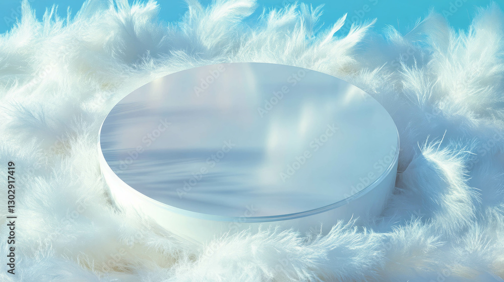 Poster minimalist white circular podium on soft bed of feathers in tranquil setting