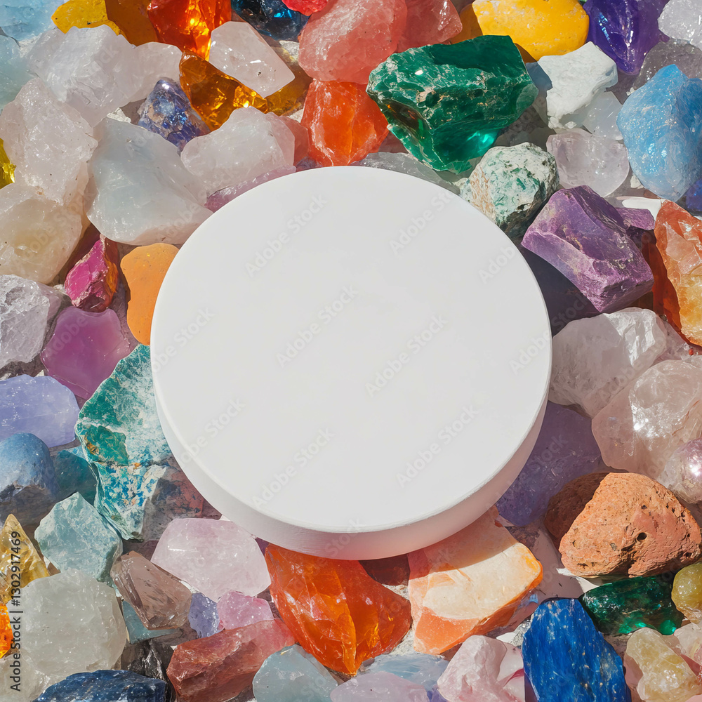 Aufkleber minimalist white circular podium surrounded by vibrant crystals for design and display concepts