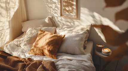 Cozy Sunlit Bedroom with Soft Linen Bedding and Morning Coffee – Warm Neutral Aesthetic for Slow Living and Relaxing Home Decor Inspiration