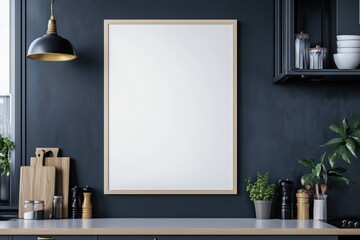 Mockup de moldura vertical em cozinha moderna com utensílios, plantas e decoração minimalista, criado com IA generativa para visualização de arte e design