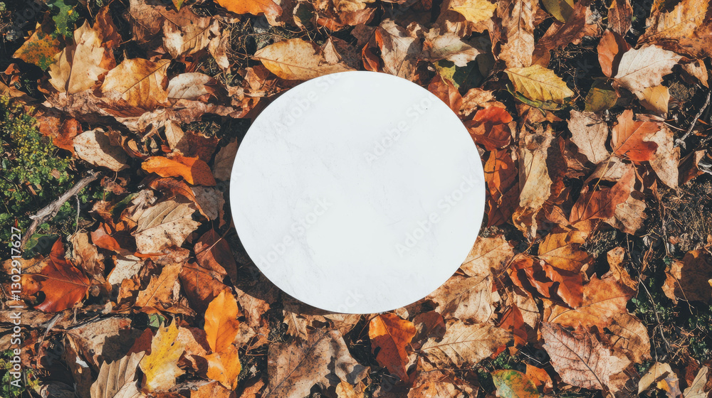 Poster autumn leaves surrounding white circular podium for seasonal display and design
