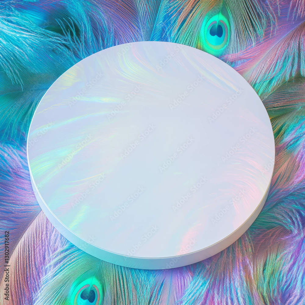 Poster elegant white circular podium on colorful feather background for creative display