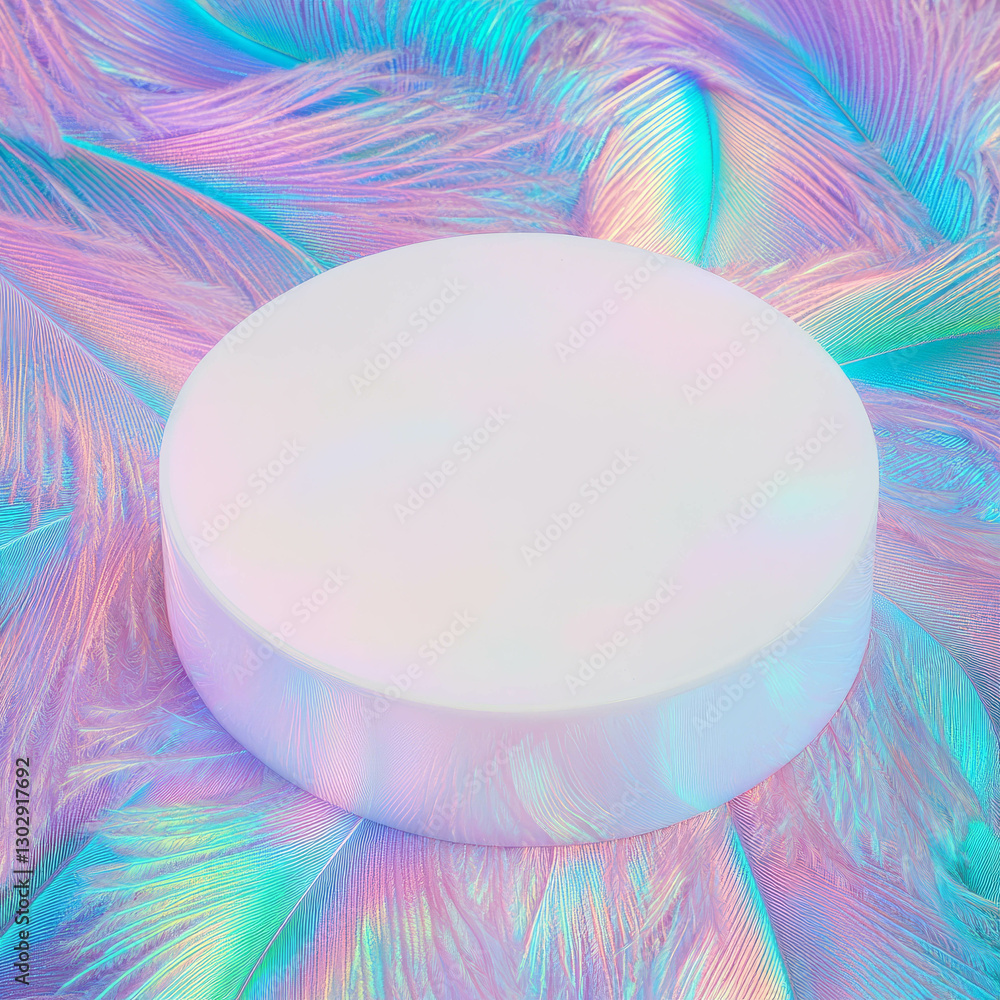 Aufkleber iridescent circular podium on vibrant feathered surface for display and design inspiration