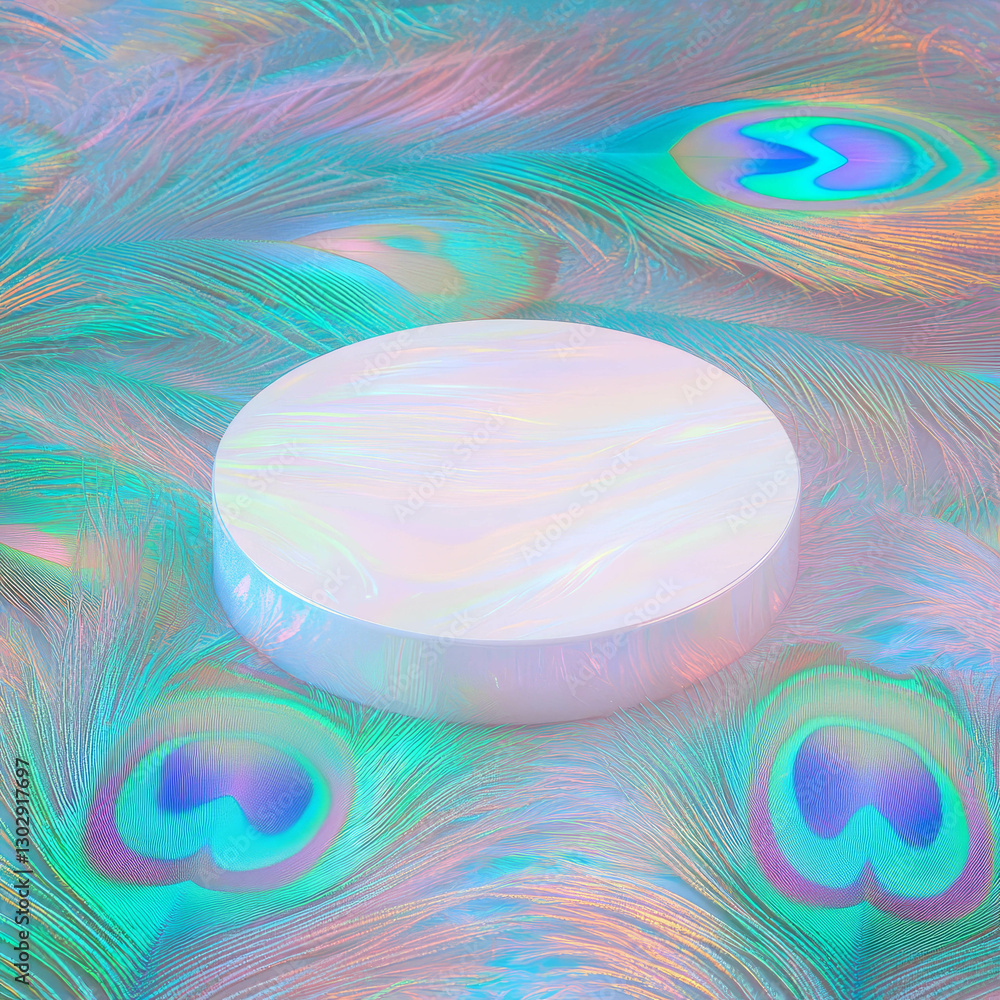 Poster Iridescent white circular podium on colorful feather background for display and design