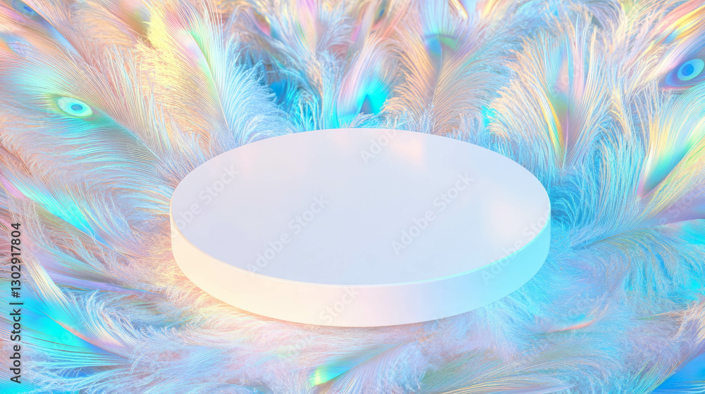 Poster Elegant white circular podium on colorful feather background for product display
