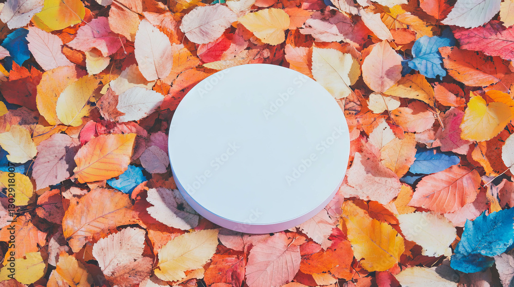 Poster autumn leaves surrounding white circular podium for seasonal display and design inspiration