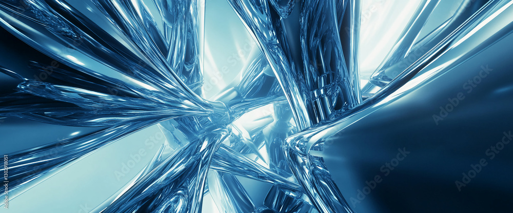 Poster close-up of intricate blue metallic abstract structures with sharp angles, symbolizing innovation, t