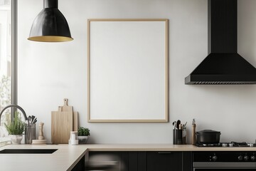 Mockup de moldura vertical em cozinha moderna com utensílios, plantas e decoração minimalista, criado com IA generativa para visualização de arte e design