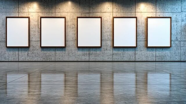 Empty art gallery featuring five blank frames on a concrete wall with polished floor reflections