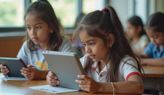 indian schoolgirls using tablets for learning in class