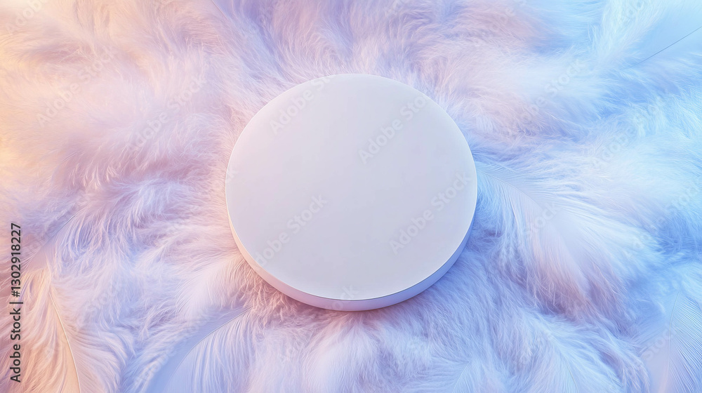 Poster minimalist white circular podium on soft fluffy bed for modern product display
