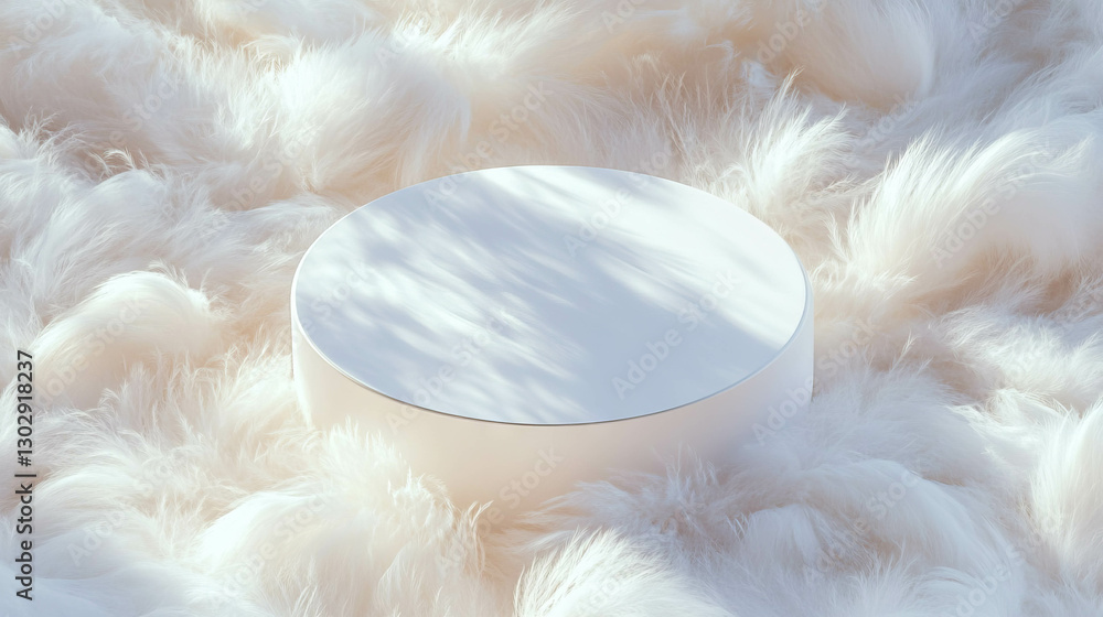 Aufkleber minimalist white circular podium on soft fluffy bed surface for elegant display design