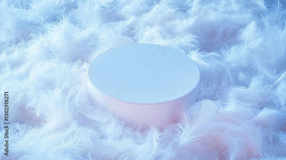 Poster minimalistic white circular podium on soft feathered bed for mockup and design