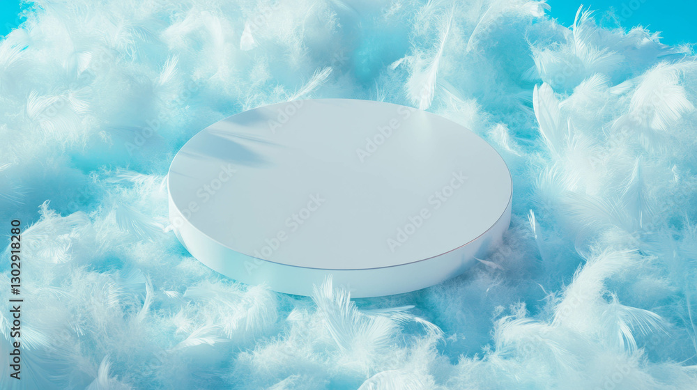 Poster Minimalist white circular podium surrounded by soft feathers for elegant design and display