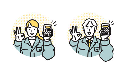 シンプル　イラスト　笑顔で見積もりを提示する作業着の男女