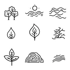 Line art illustration of nature elements like trees, leaves, and water.