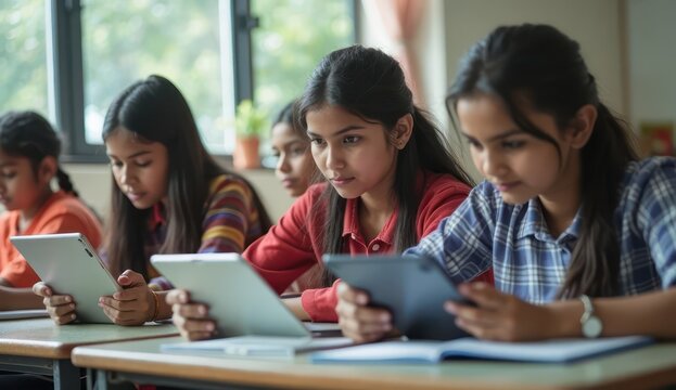 young indian girls engaging in digital education