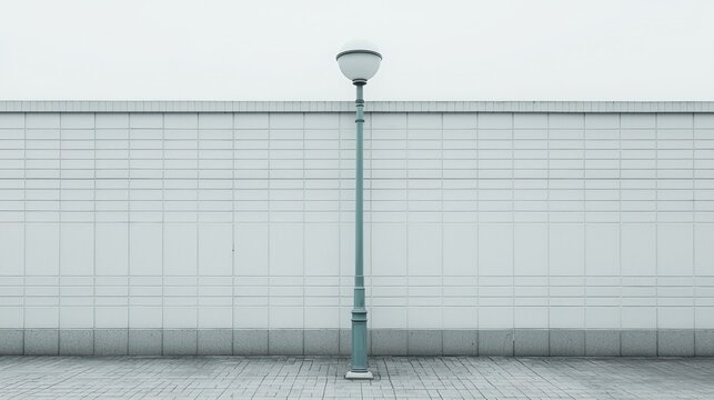 Fototapeta Empty urban plaza, single lamppost, tiled wall, minimalist scene