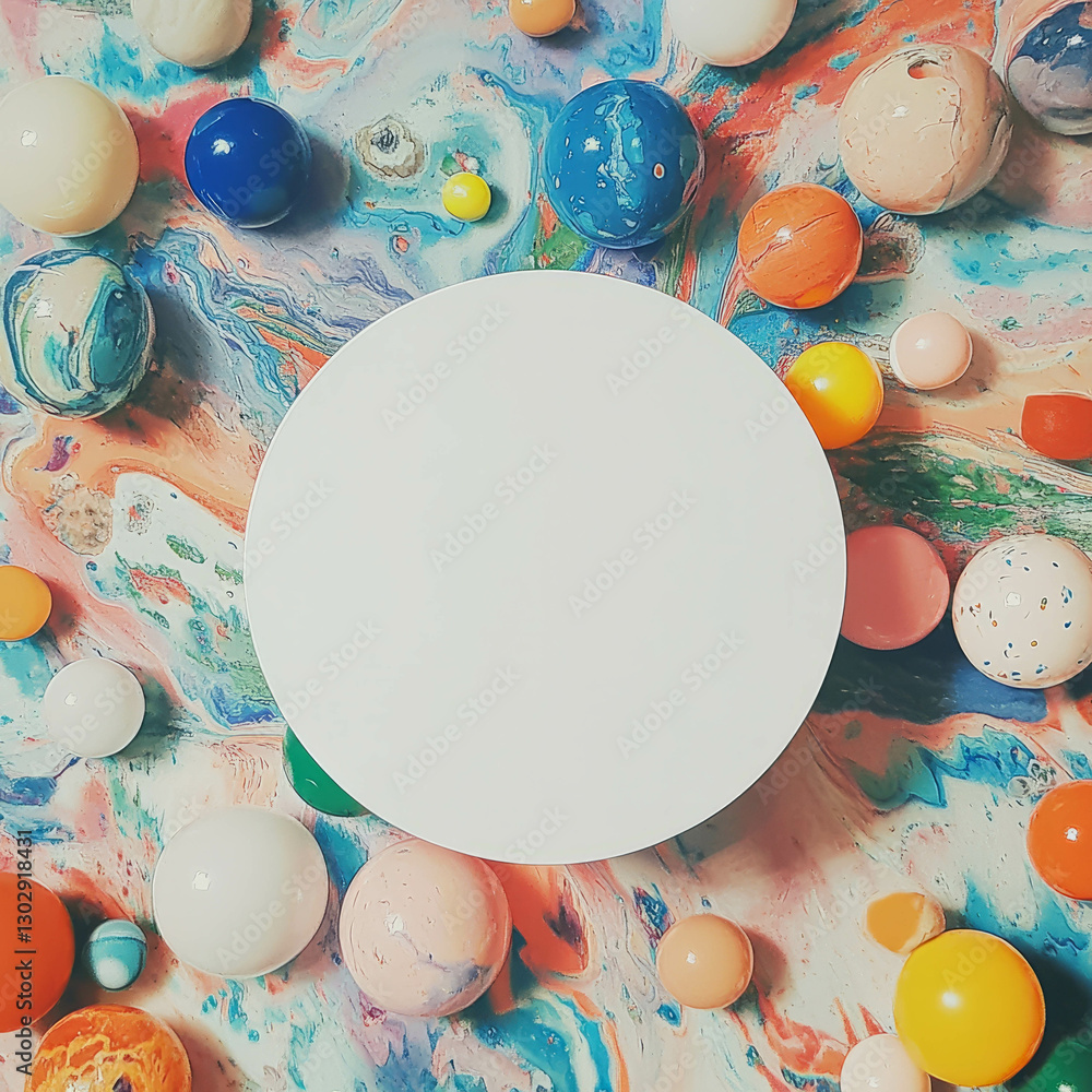 Poster Abstract art design with white circular podium on colorful marbled background for creative display