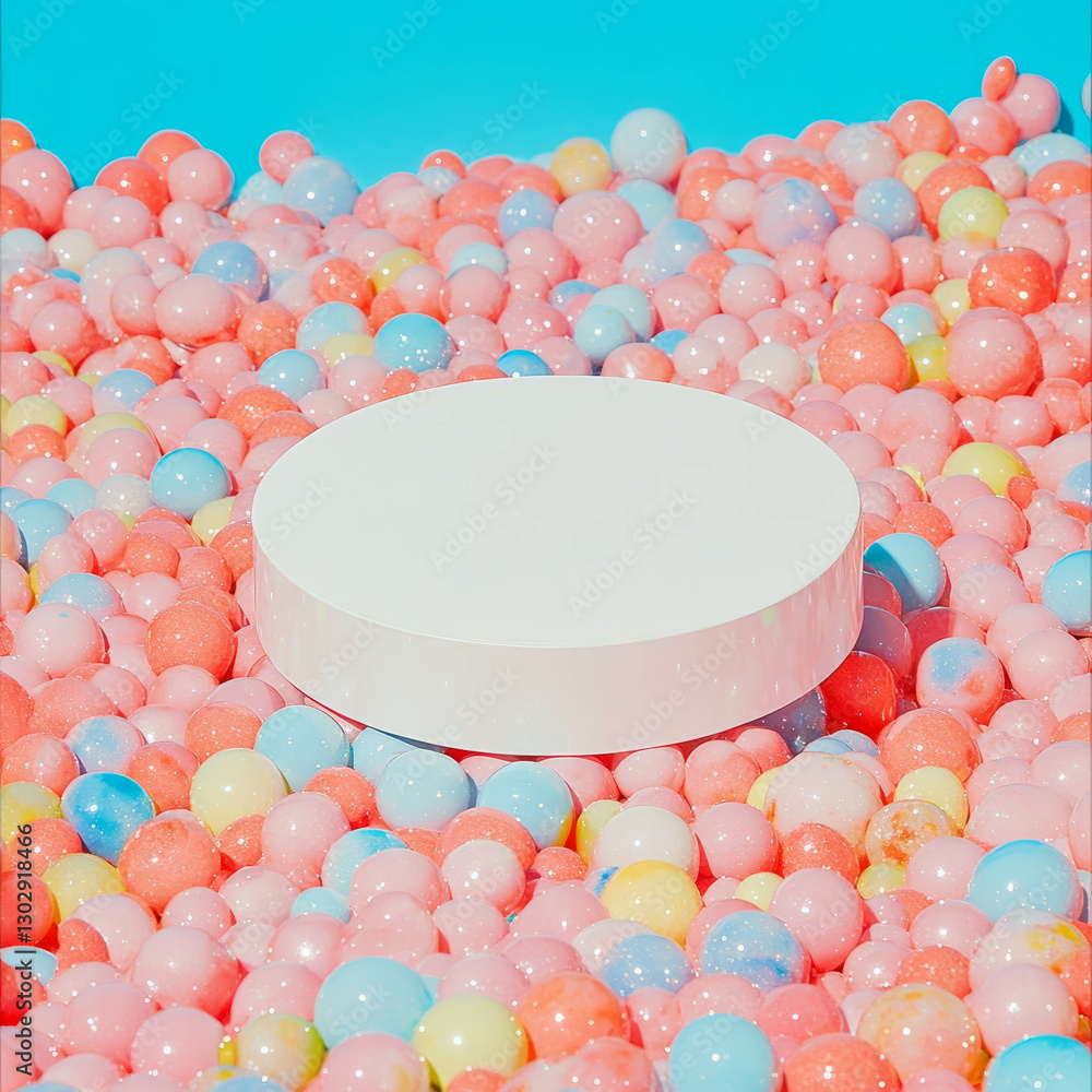 Poster White circular podium surrounded by colorful balls in a vibrant setting