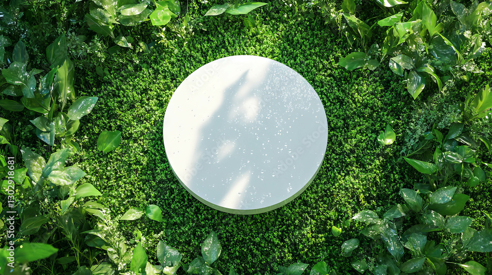 Poster minimalist white circular podium amidst lush greenery for product display and design