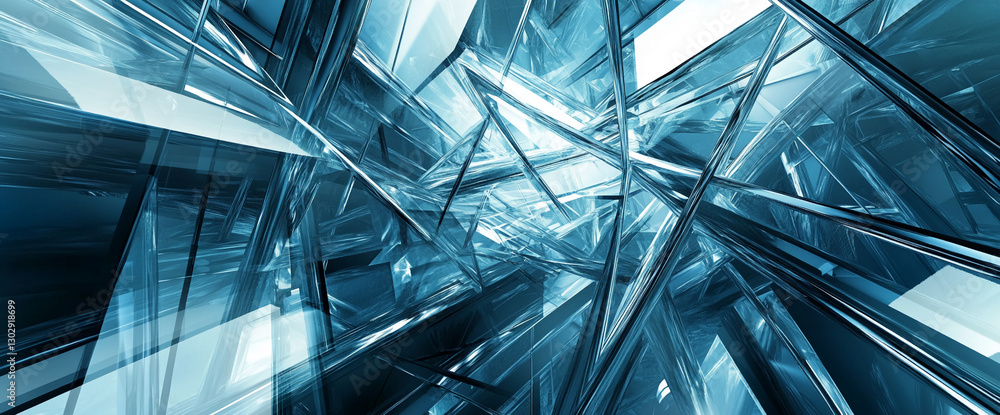 Poster abstract futuristic design of shiny blue metallic structures creating dynamic patterns, symbolizing 