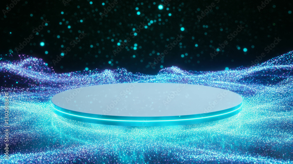 Poster futuristic white circular podium with neon glowing particles for display design