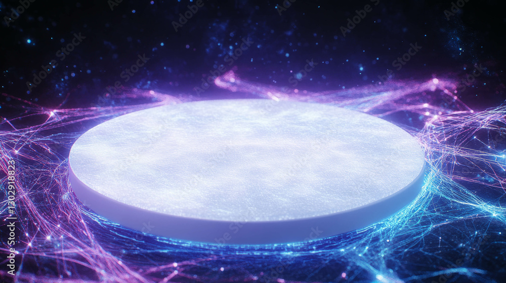 Poster futuristic circular platform with glowing neon network for technology design