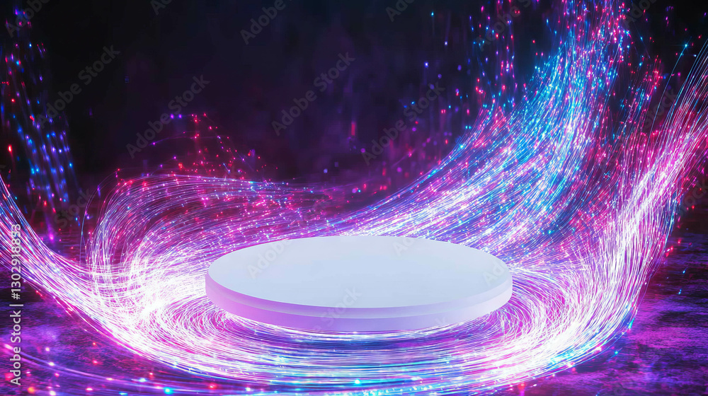 Poster futuristic display podium with neon light trails for event or exhibition design